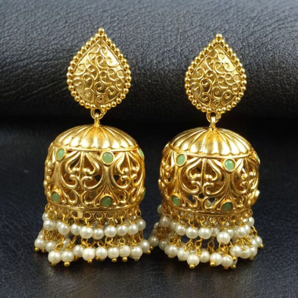 Trendy Floral Art Gold Plated Jhumka Earrings | Stone & Pearl Detailing Ethnic Dangler Amazing Jewelry - "Mint"