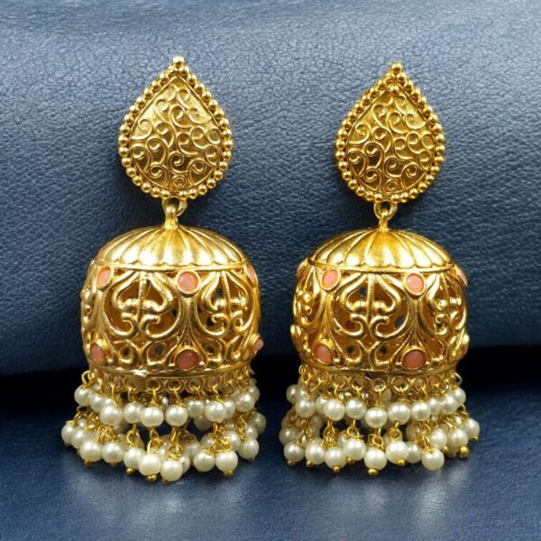 Trendy Floral Art Gold Plated Jhumka Earrings | Stone & Pearl Detailing Ethnic Dangler Amazing Jewelry - "Baby Pink"