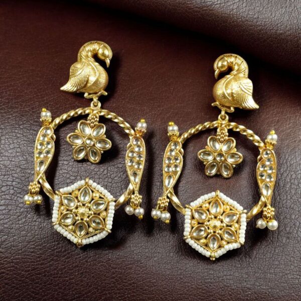 Gold Plated Unique Bird Design Earrings | Stone & Pearl Detailing Ethnic Jewelry For Girls - "White"