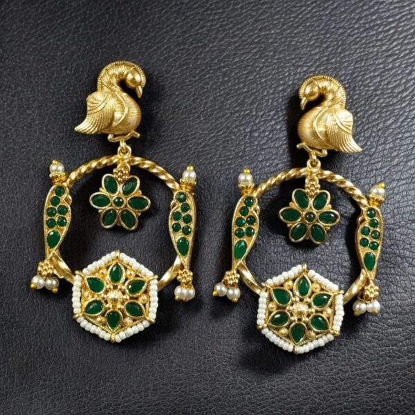 Gold Plated Unique Bird Design Earrings | Stone & Pearl Detailing Ethnic Jewelry For Girls - "Green"