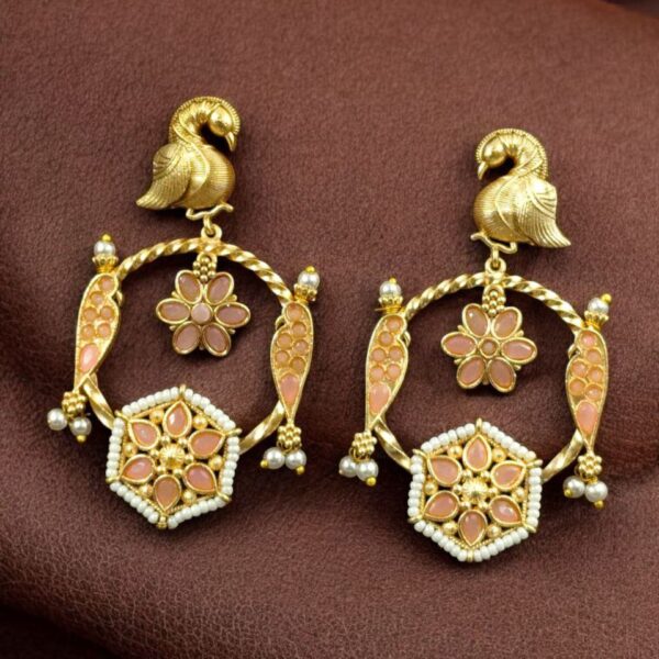 Gold Plated Unique Bird Design Earrings | Stone & Pearl Detailing Ethnic Jewelry For Girls - "Baby Pink"