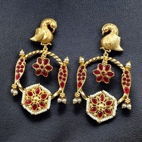 Gold Plated Unique Bird Design Earrings | Stone & Pearl Detailing Ethnic Jewelry For Girls - "Red"