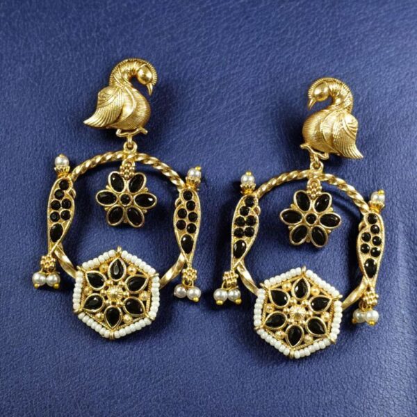 Gold Plated Unique Bird Design Earrings | Stone & Pearl Detailing Ethnic Jewelry For Girls - "Black"