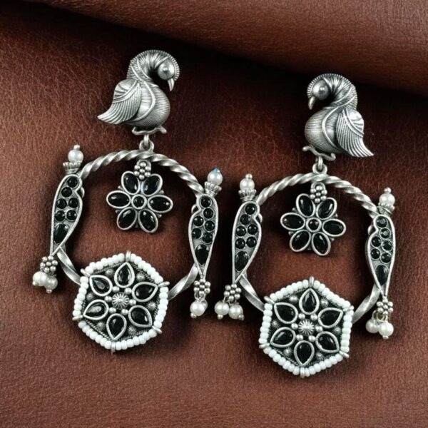 Beautiful Bird Design Earrings | Oxidized Silver Replica Stone & Pearl Work Dangler Jewelry - "Black"