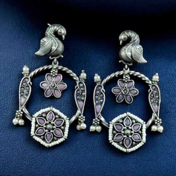Beautiful Bird Design Earrings | Oxidized Silver Replica Stone & Pearl Work Dangler Jewelry - "Baby Pink"