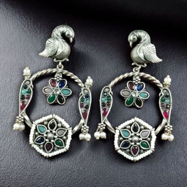 Beautiful Bird Design Earrings | Oxidized Silver Replica Stone & Pearl Work Dangler Jewelry - "Multi"
