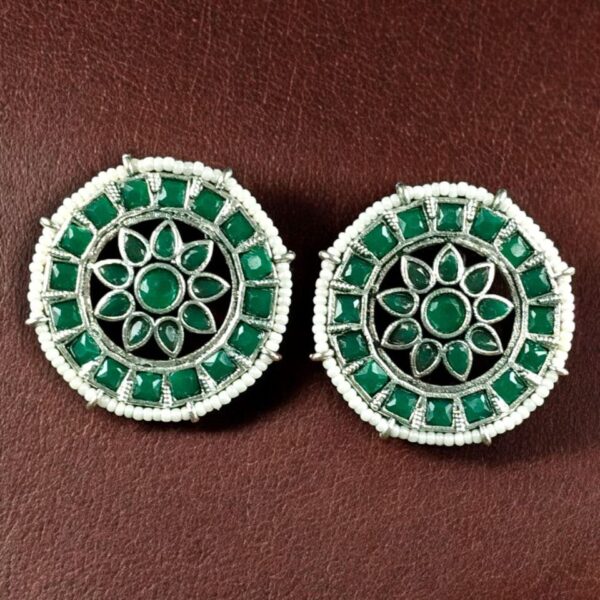 Handcrafted Oxidized Round Studs Earrings | Pearl & Stone Work Silver Plated Amazing Jewelry - "Green"