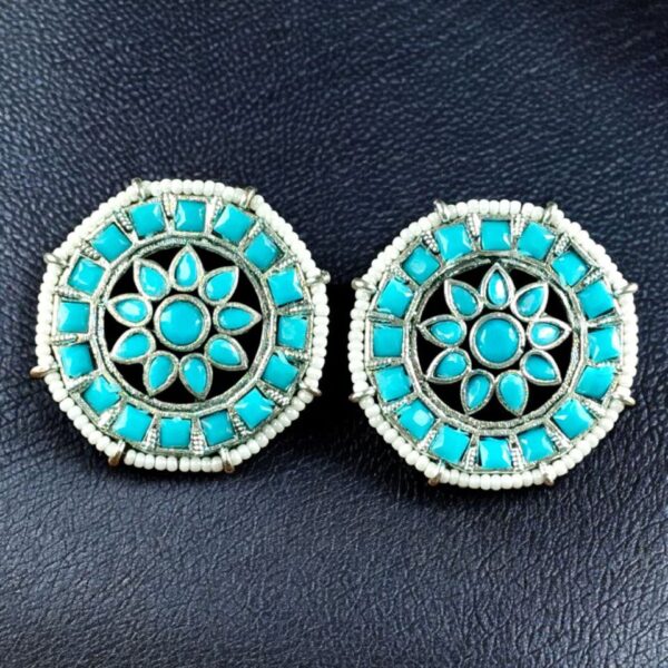 Handcrafted Oxidized Round Studs Earrings | Pearl & Stone Work Silver Plated Amazing Jewelry - "Aqua"