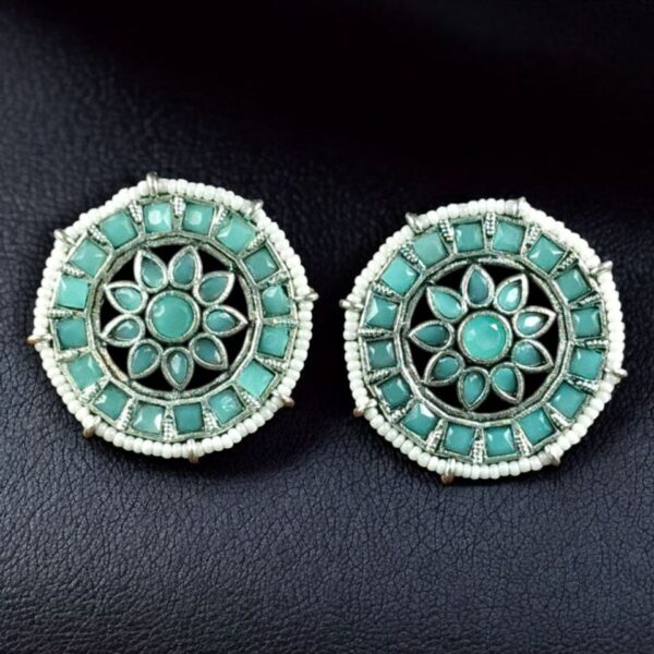 Handcrafted Oxidized Round Studs Earrings | Pearl & Stone Work Silver Plated Amazing Jewelry - "Mint"