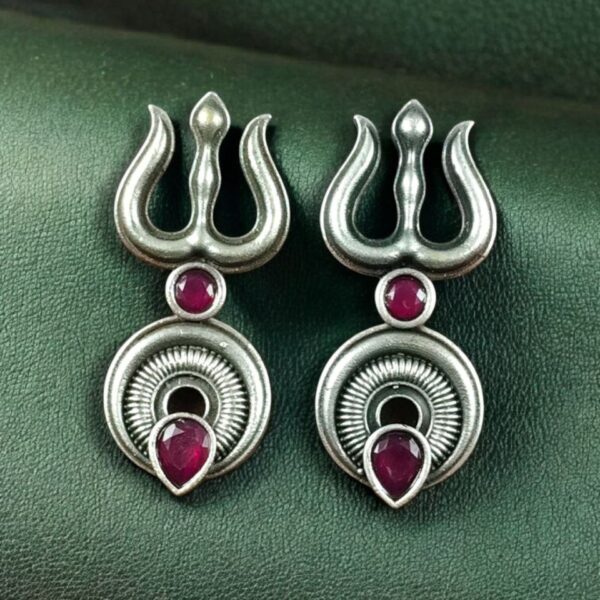 Handcrafted Trishul Stud Earrings | Best Silver Replica Elegant Stone Jewelry - "Red"
