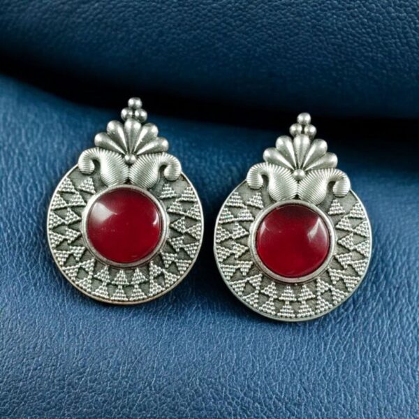 Stylish Oxidized Stud Earrings | Silver Replica Monalisa Stone Perfect Casual & Party Wear Jewelry - "Red"
