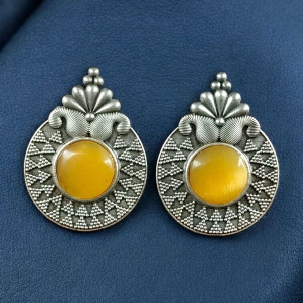 Stylish Oxidized Stud Earrings | Silver Replica Monalisa Stone Perfect Casual & Party Wear Jewelry - "Yellow"