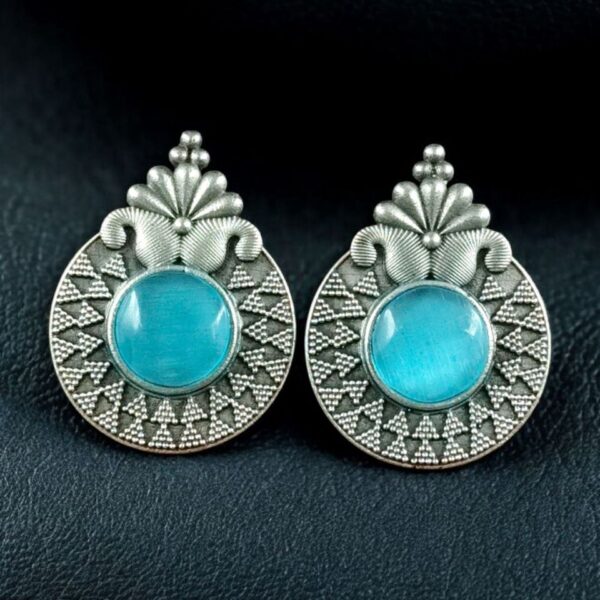 Stylish Oxidized Stud Earrings | Silver Replica Monalisa Stone Perfect Casual & Party Wear Jewelry - "Aqua"