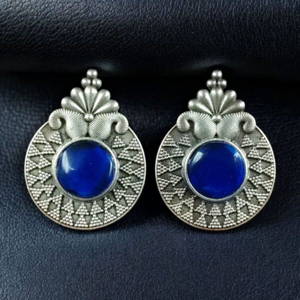 Stylish Oxidized Stud Earrings | Silver Replica Monalisa Stone Perfect Casual & Party Wear Jewelry - "Blue"