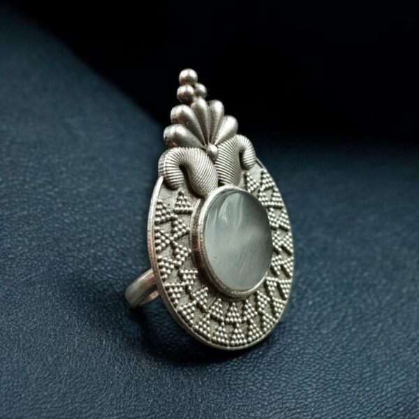 Trendy Oxidized Monalisa Stone Ring | Silver Replica Adjustable Perfect Jewelry For Women - "Grey"