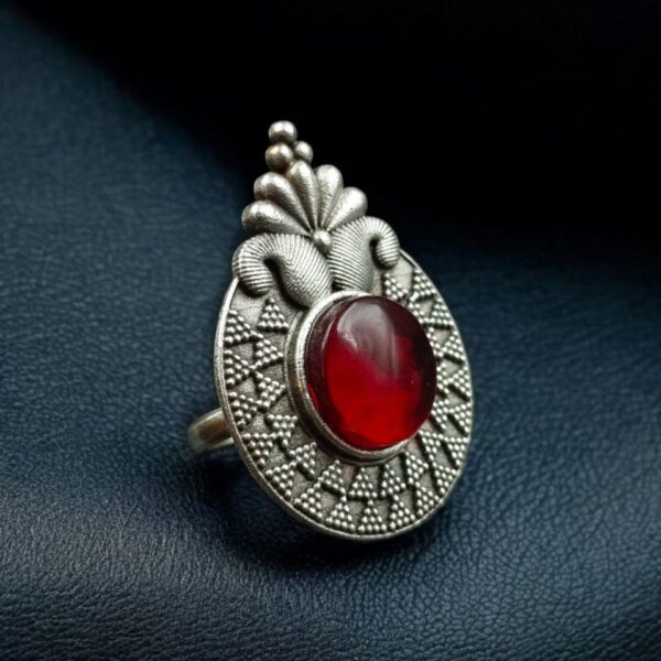 Trendy Oxidized Monalisa Stone Ring | Silver Replica Adjustable Perfect Jewelry For Women - "Red"