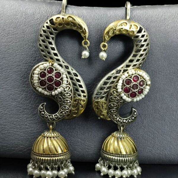 Beautiful Two-Tone Jhumki Earcuff | Stone & Pearl Detailing Traditional Ethnic Jewelry For Girls - "Red"