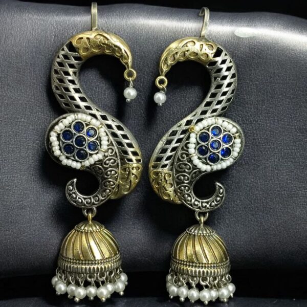 Beautiful Two-Tone Jhumki Earcuff | Stone & Pearl Detailing Traditional Ethnic Jewelry For Girls - "Blue"