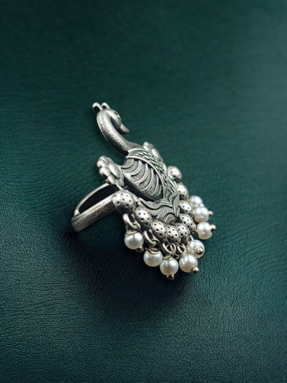 Adjustable Pearl Work Bird Ring | Oxidized Silver Replica Designer Best Jewelry for Women - Image 3