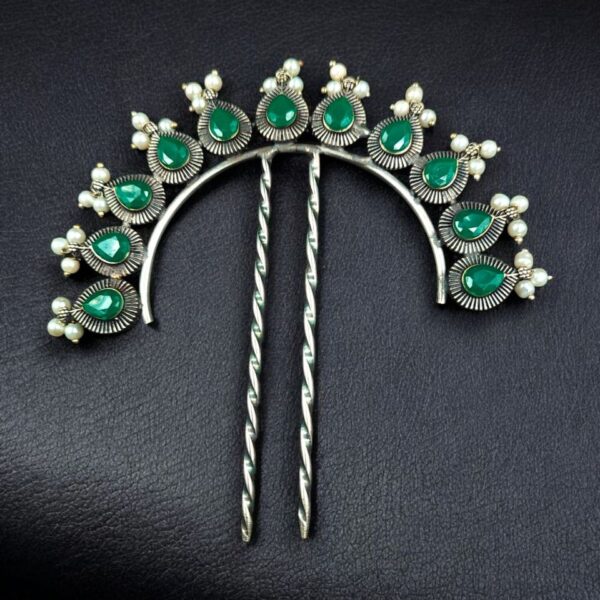 Silver Replica Pearl & Stone Juda Pin | Elegant Oxidized Best Hair Accessory for Women - "Green"