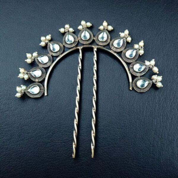 Silver Replica Pearl & Stone Juda Pin | Elegant Oxidized Best Hair Accessory for Women - "White"