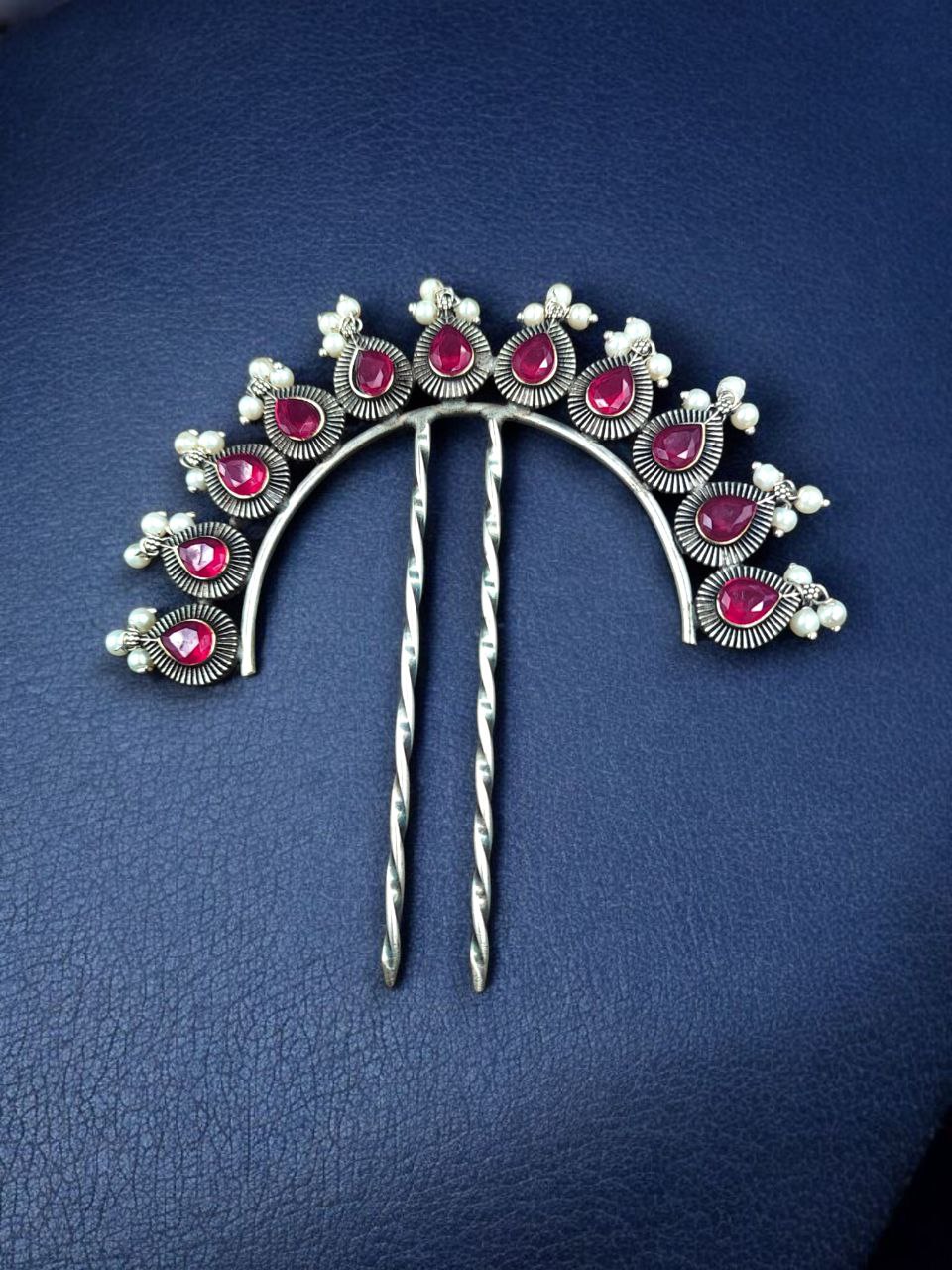 Silver Replica Pearl & Stone Juda Pin | Elegant Oxidized Best Hair Accessory for Women - Image 8