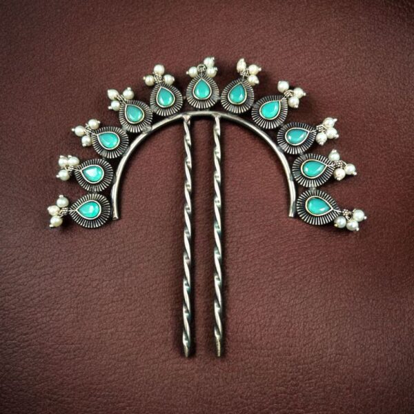 Silver Replica Pearl & Stone Juda Pin | Elegant Oxidized Best Hair Accessory for Women - "Mint"