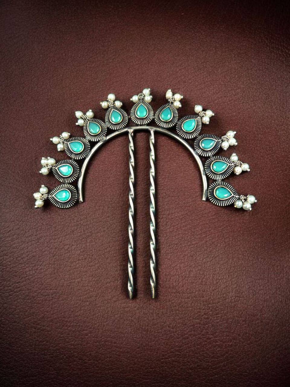 Silver Replica Pearl & Stone Juda Pin | Elegant Oxidized Best Hair Accessory for Women - Image 5
