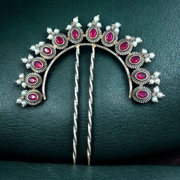 Traditional Oxidized Juda Pin | Pearl & Stone Best Silver Replica Hair Accessory Jewelry - "Red"