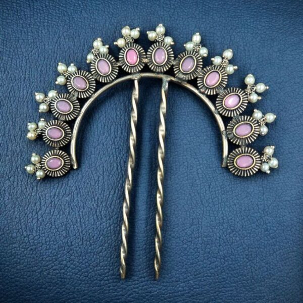 Traditional Oxidized Juda Pin | Pearl & Stone Best Silver Replica Hair Accessory Jewelry - "Baby Pink"