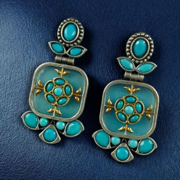 Designer Two-Tone Oxidized Earrings | Monalisa Stone Dangler Silver Replica Best Trendy Jewelry - "Aqua"