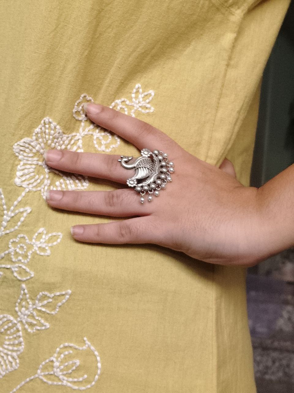 Adjustable Pearl Work Bird Ring | Oxidized Silver Replica Designer Best Jewelry for Women - Image 2