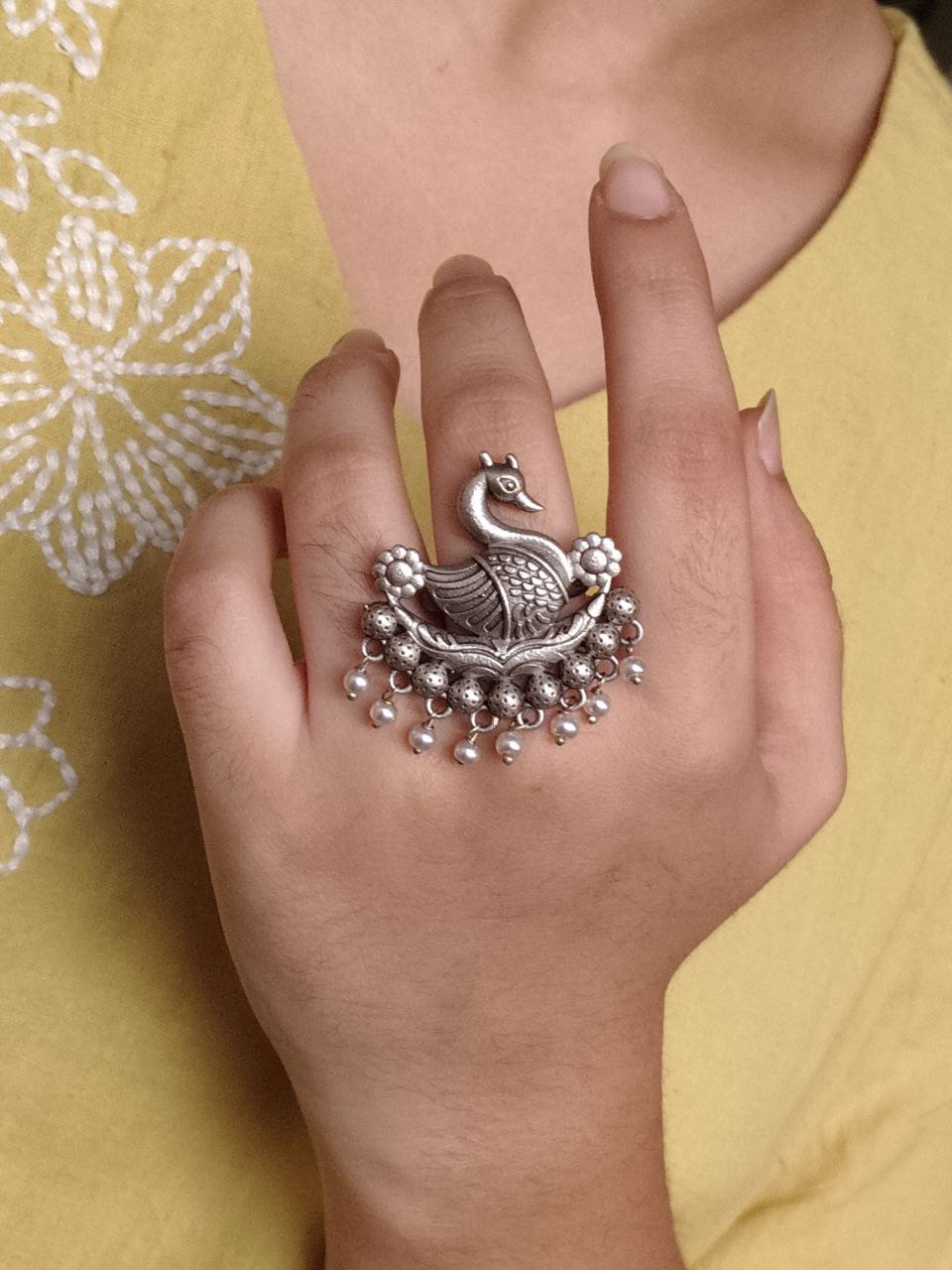 Adjustable Pearl Work Bird Ring | Oxidized Silver Replica Designer Best Jewelry for Women - Image 6