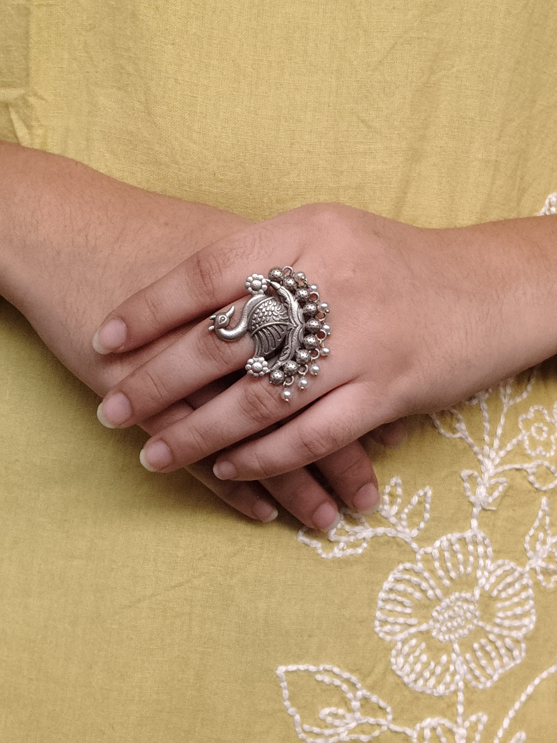 Adjustable Pearl Work Bird Ring | Oxidized Silver Replica Designer Best Jewelry for Women - Image 4