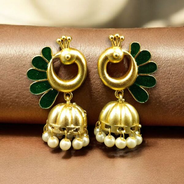 Beautiful Peacock Meenakari Earrings | Gold Plated Jhumki Pearl Ethnic Dangler Jewelry - "Green"