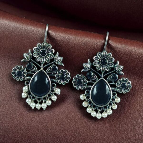 Elegant Flower Design Hook Earrings | Silver Replica Stone & Pearl Work Best Traditional Jewelry - "Black"