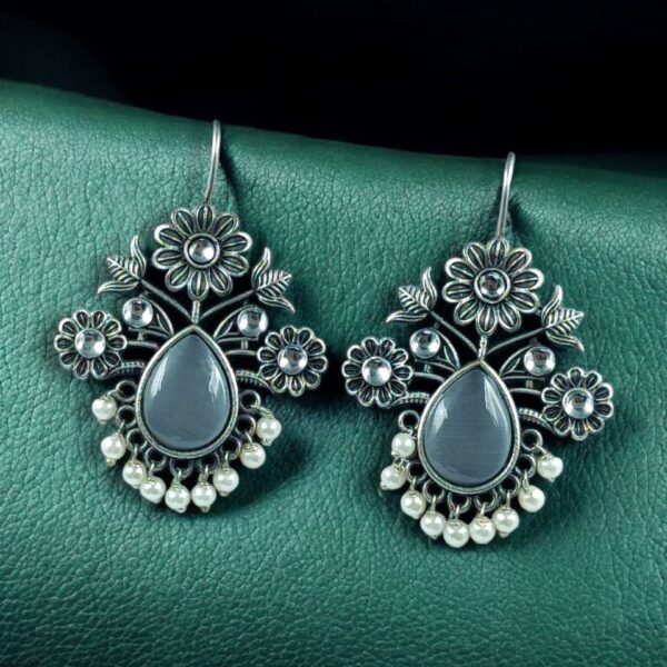 Elegant Flower Design Hook Earrings | Silver Replica Stone & Pearl Work Best Traditional Jewelry - "Grey"