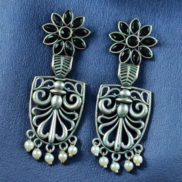 Traditional Oxidized Flower Dangler Earrings | Pearl & Stone Work Silver Replica Amazing Jewelry - "Black"