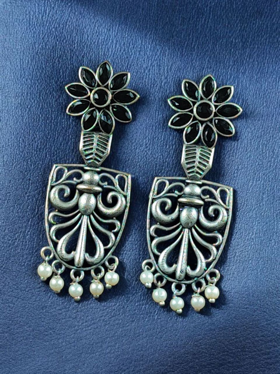 Traditional Oxidized Flower Dangler Earrings | Pearl & Stone Work Silver Replica Amazing Jewelry - Image 5