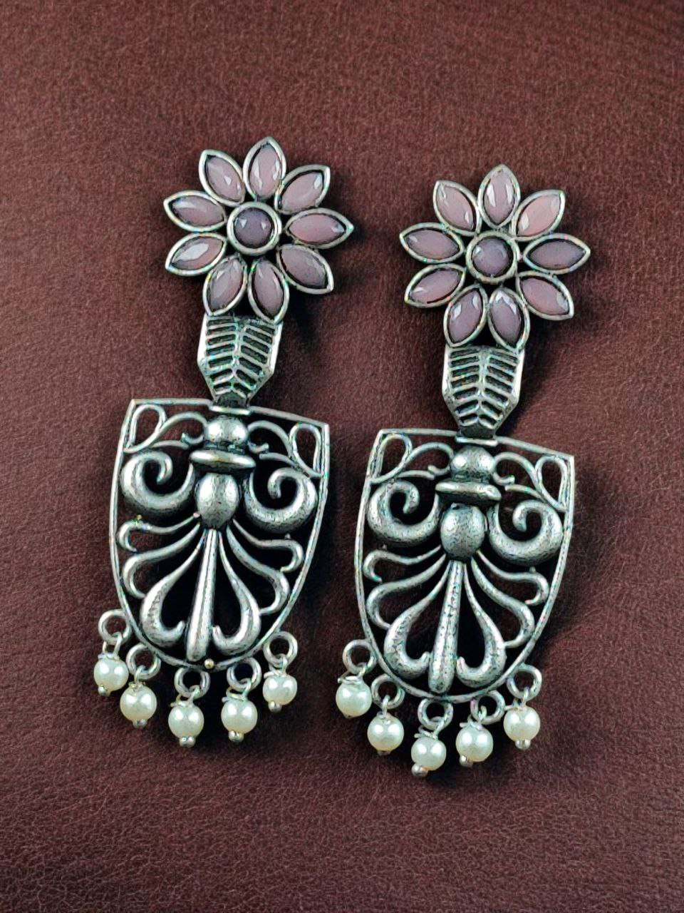 Traditional Oxidized Flower Dangler Earrings | Pearl & Stone Work Silver Replica Amazing Jewelry - Image 4
