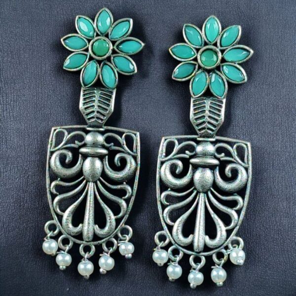 Traditional Oxidized Flower Dangler Earrings | Pearl & Stone Work Silver Replica Amazing Jewelry - "Mint"
