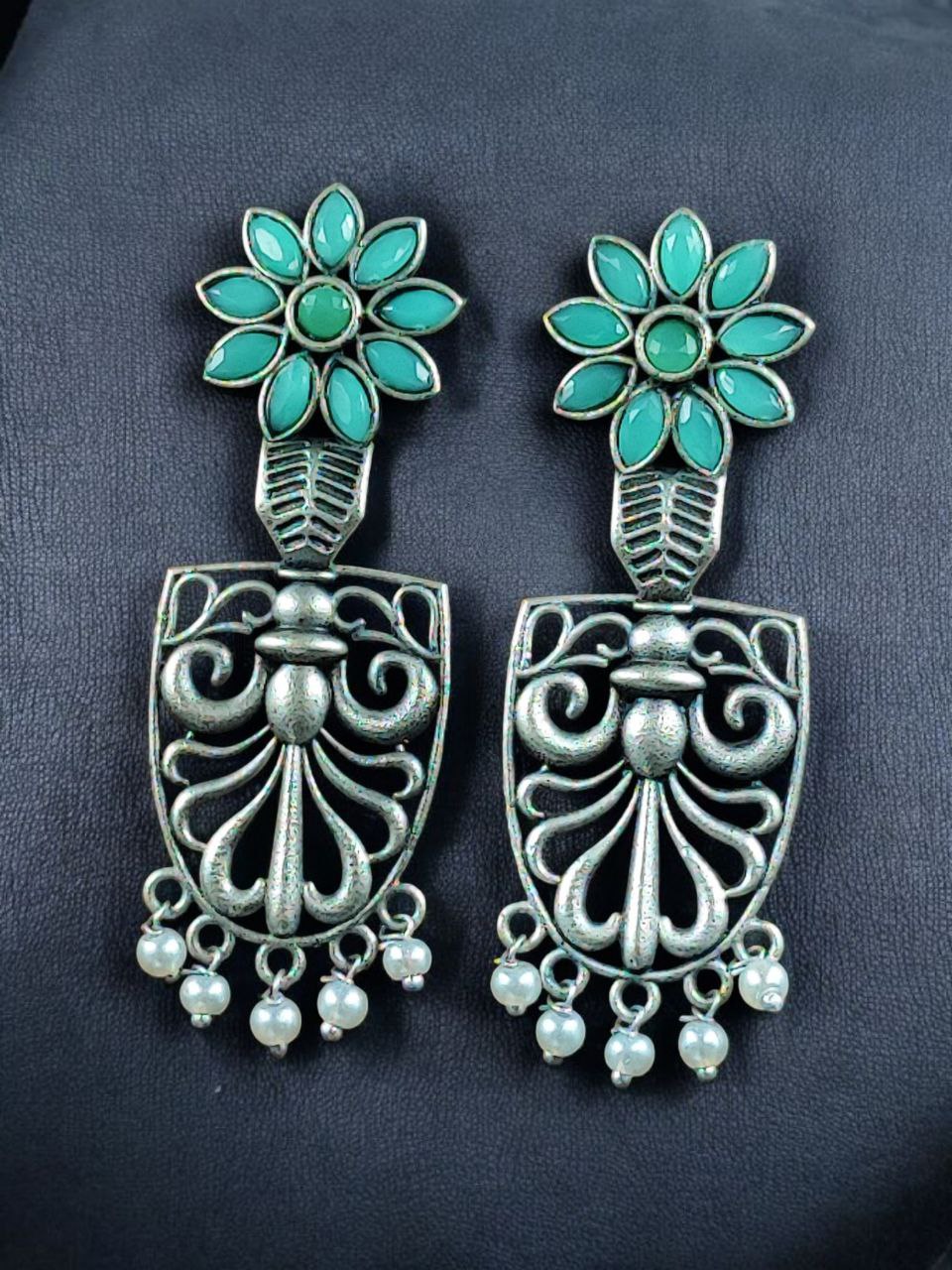 Traditional Oxidized Flower Dangler Earrings | Pearl & Stone Work Silver Replica Amazing Jewelry - Image 7
