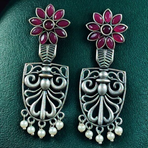 Traditional Oxidized Flower Dangler Earrings | Pearl & Stone Work Silver Replica Amazing Jewelry - "Red"