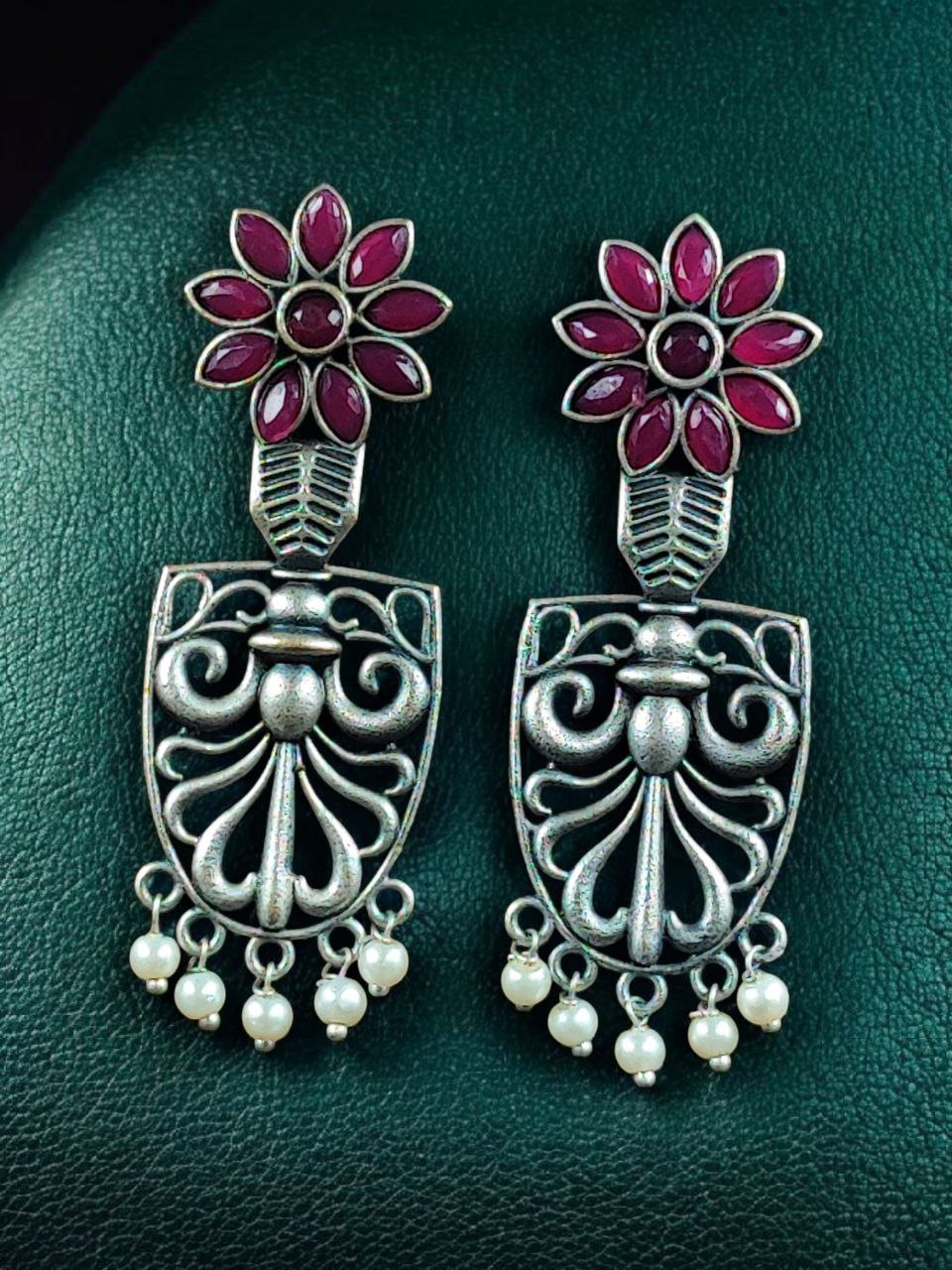 Traditional Oxidized Flower Dangler Earrings | Pearl & Stone Work Silver Replica Amazing Jewelry - Image 2