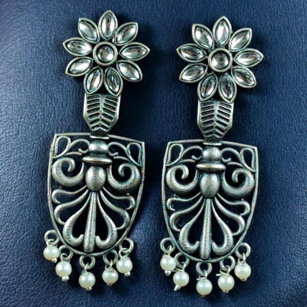 Traditional Oxidized Flower Dangler Earrings | Pearl & Stone Work Silver Replica Amazing Jewelry - "White"