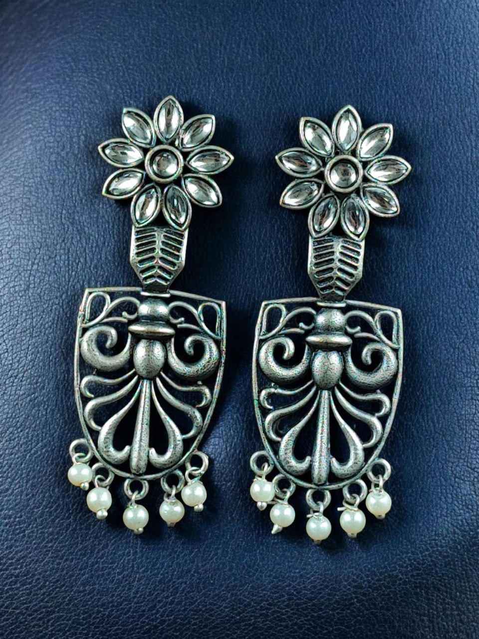 Traditional Oxidized Flower Dangler Earrings | Pearl & Stone Work Silver Replica Amazing Jewelry - Image 3