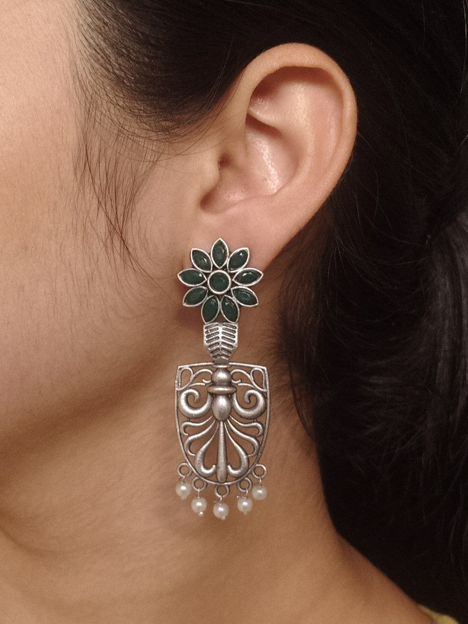 Traditional Oxidized Flower Dangler Earrings | Pearl & Stone Work Silver Replica Amazing Jewelry