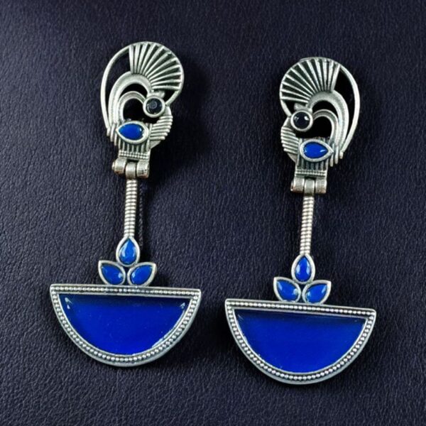 Handcrafted Ethnic Peacock Earrings | Silver Replica Stone Dangler Best Jewelry - "Blue"