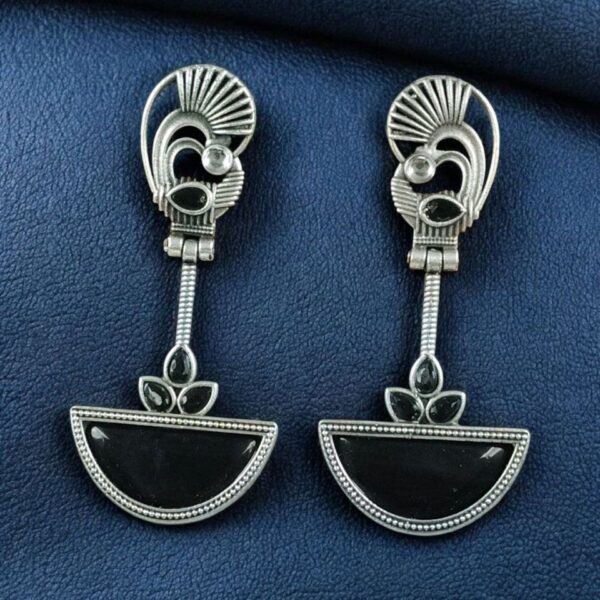 Handcrafted Ethnic Peacock Earrings | Silver Replica Stone Dangler Best Jewelry - "Black"