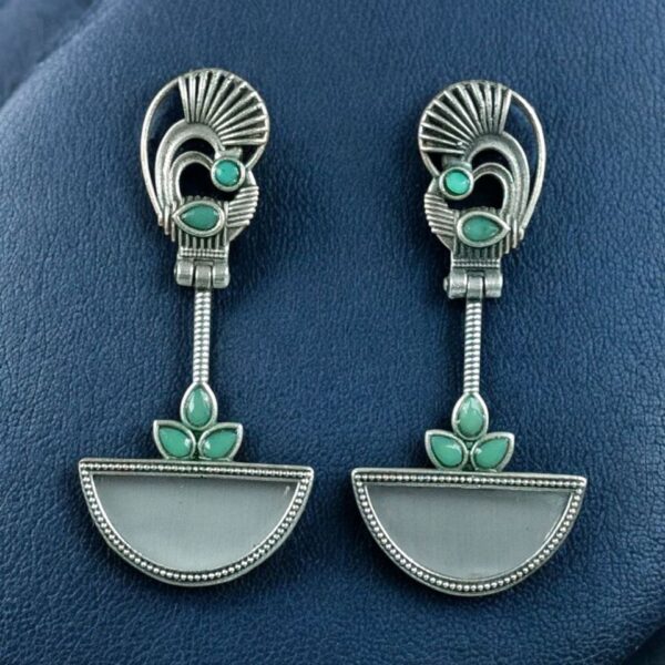 Handcrafted Ethnic Peacock Earrings | Silver Replica Stone Dangler Best Jewelry - "Mint-Grey"